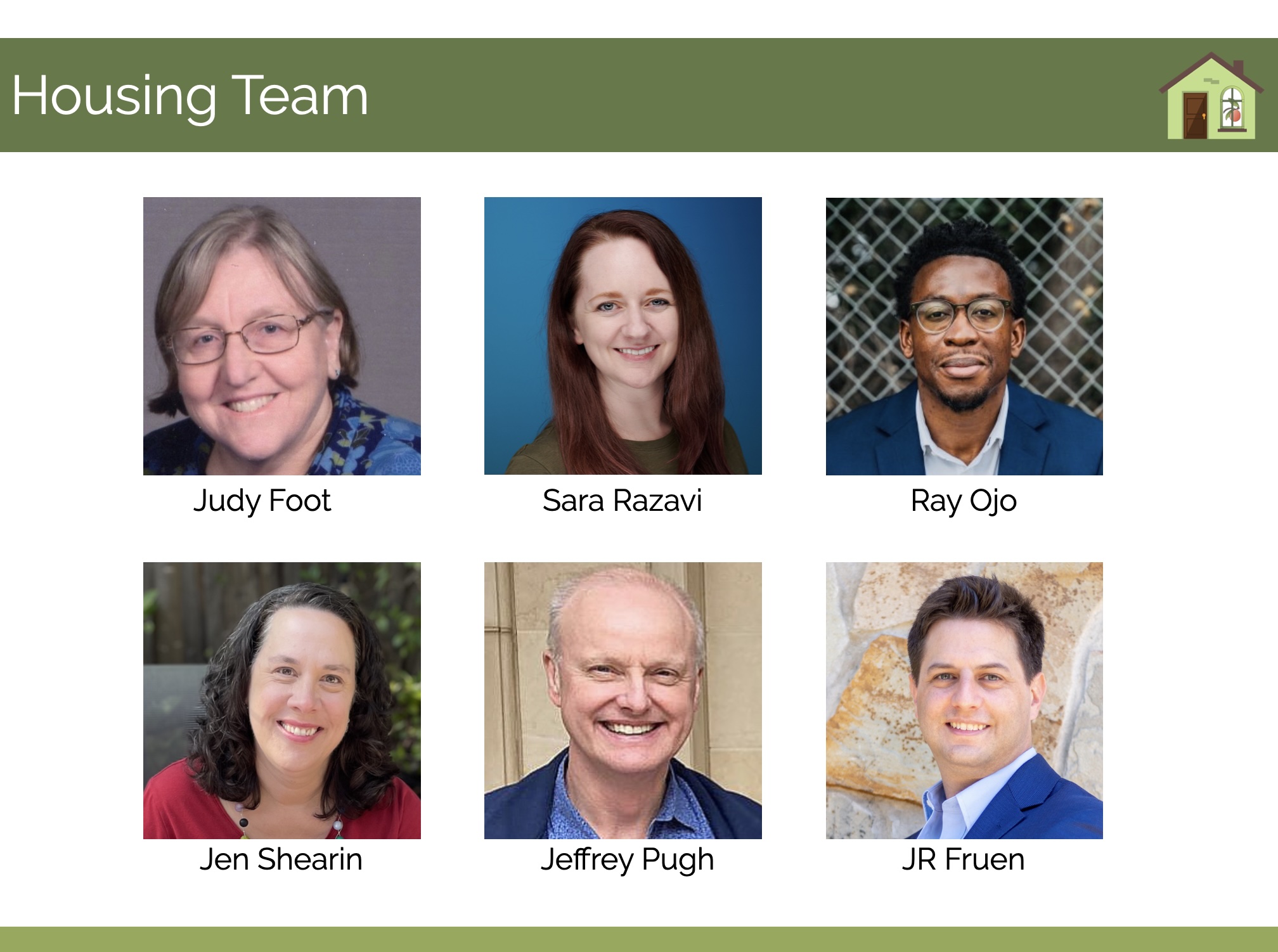 Screenshot Housing Team Photos: Judy Foot, Sara Razavi, Ray Ojo, Jen Shearin, Jeffrey Pugh, JR Fruen